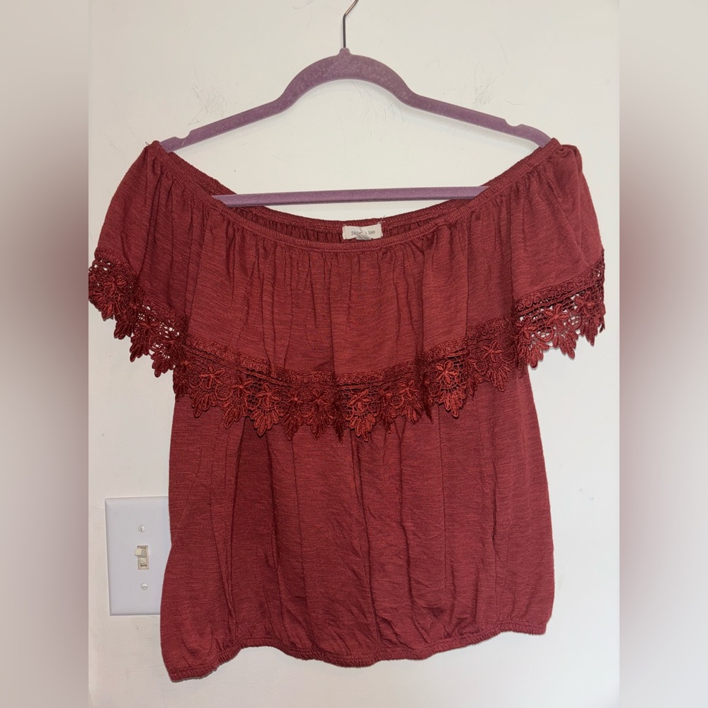 Paper Tee Red Ruffled Off-the-Shoulder Blouse